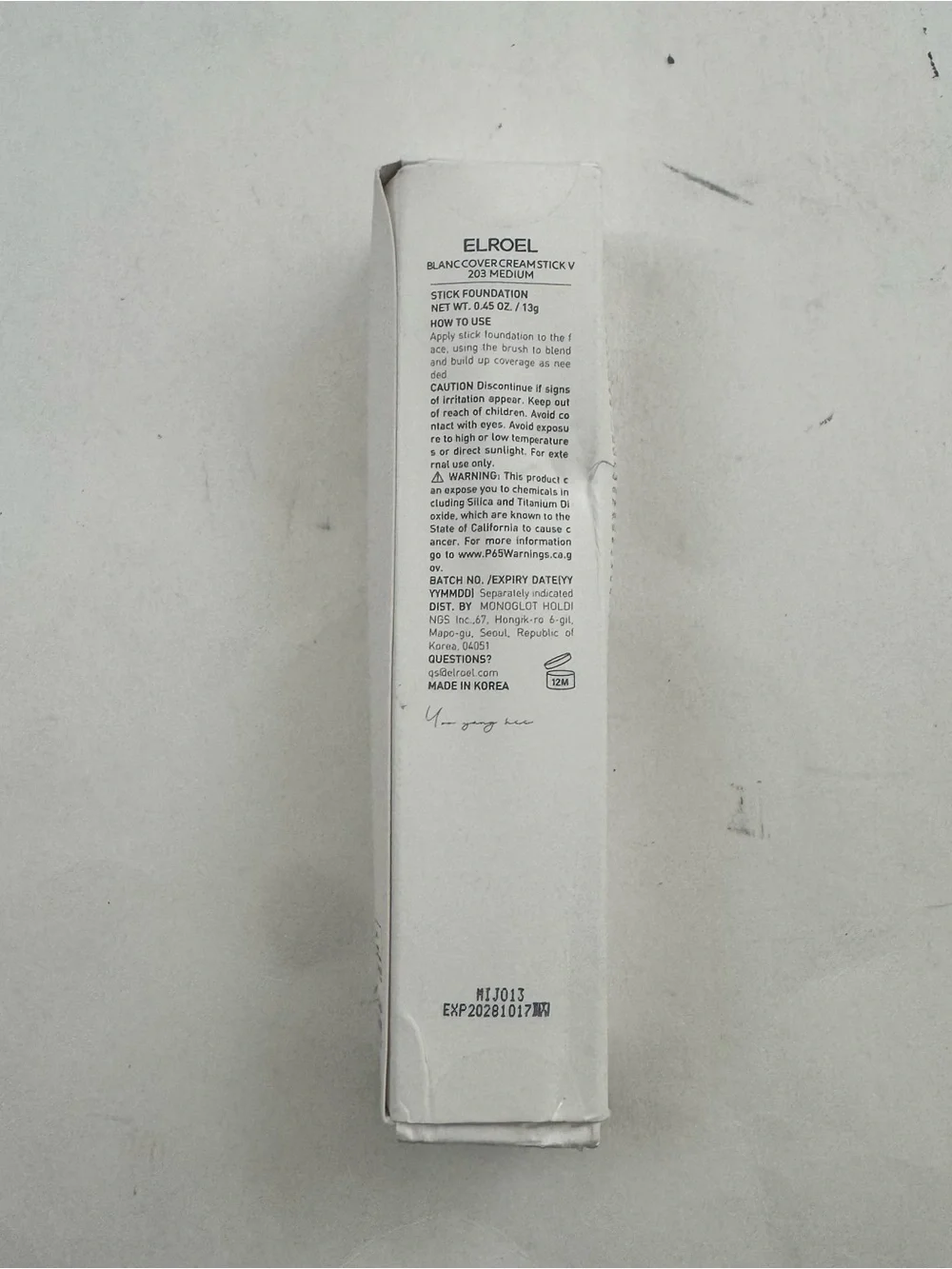 ELROEL Blanc Cover Cream Stick V Foundation 203 Medium 0.45oz Brush K-Beauty